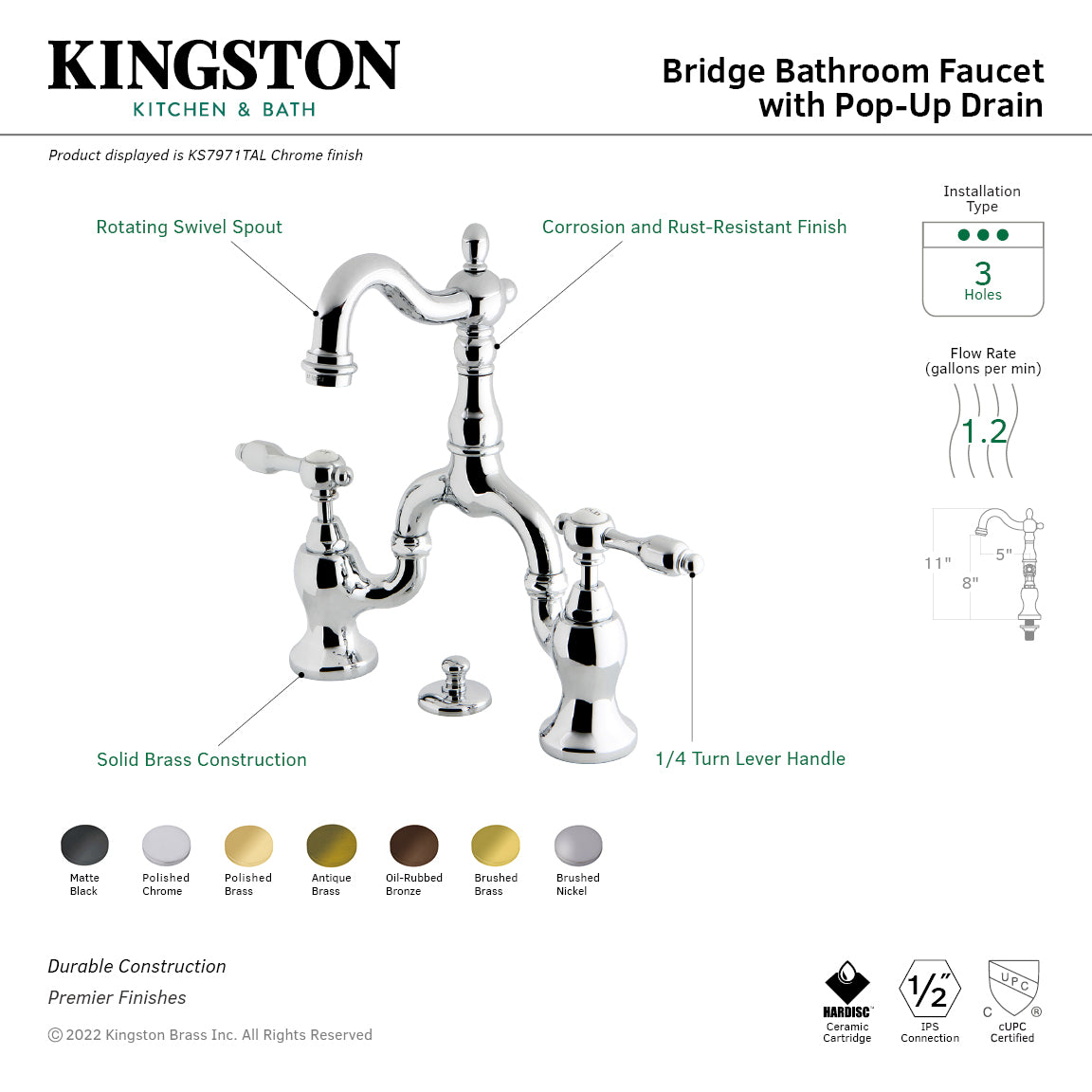 Kingston Brass Tudor Bridge Bathroom Faucet with Brass Pop-Up